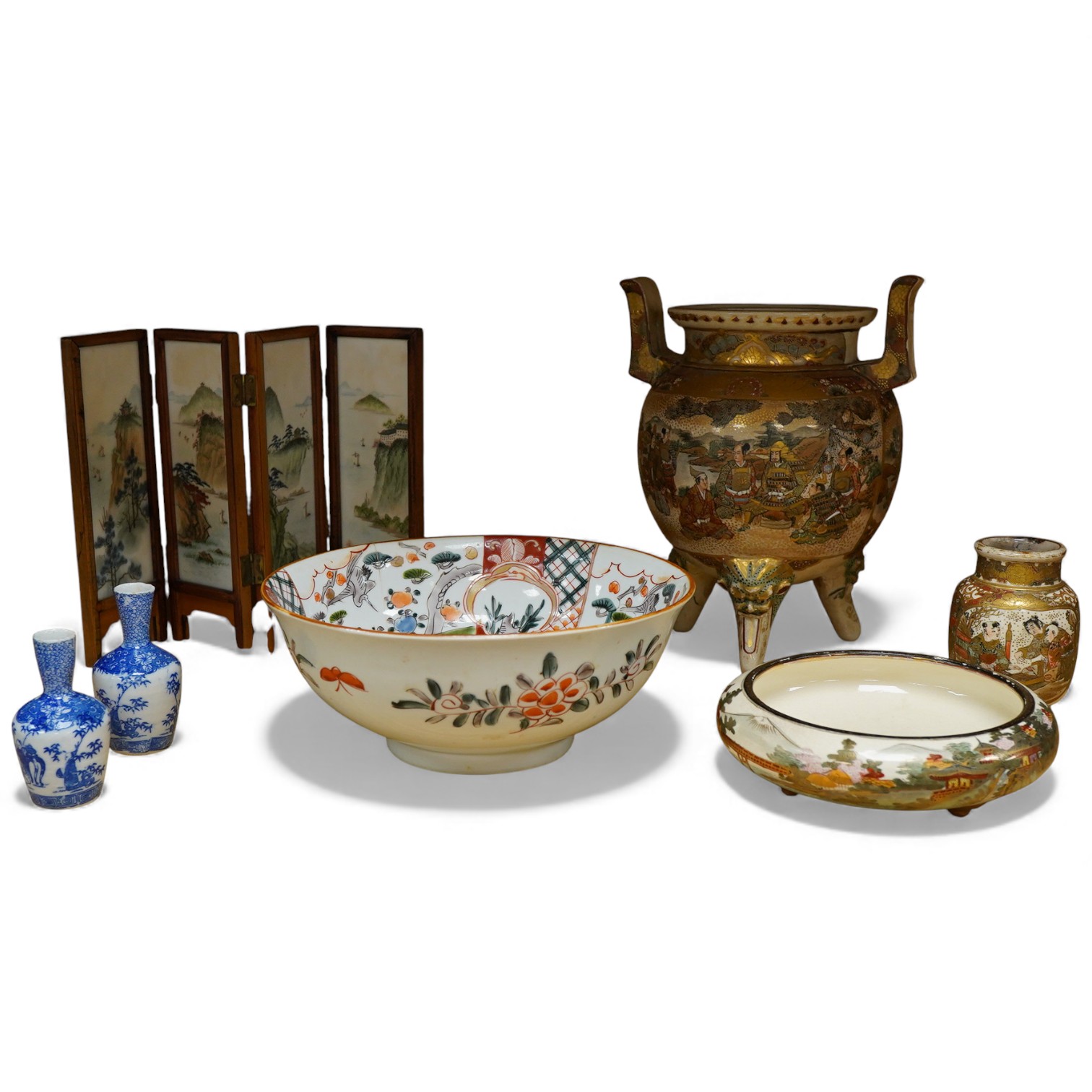 A group of Japanese ceramics to include a Satsuma tripod censer and a miniature Chinese screen, largest 24cm high